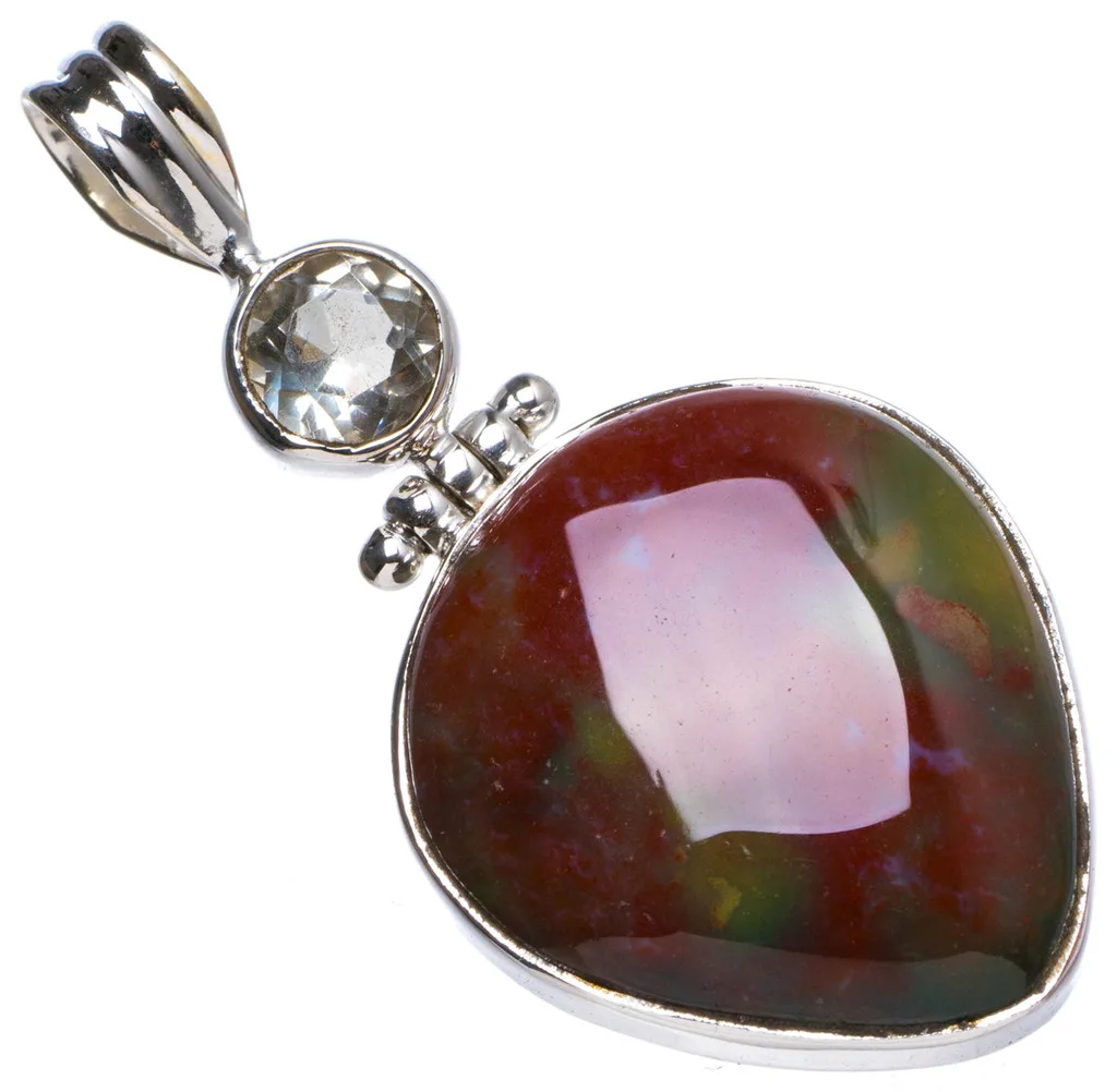 

Natural Blood Stone and White Topaz Handmade Unique 925 Sterling Silver Pendant 2" X1113