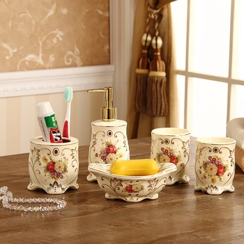 

European-style bathroom set of 5 Ceramic bathroom products Exquisite wash set Toothbrush Mouth Cup Kit New Wedding Promotions