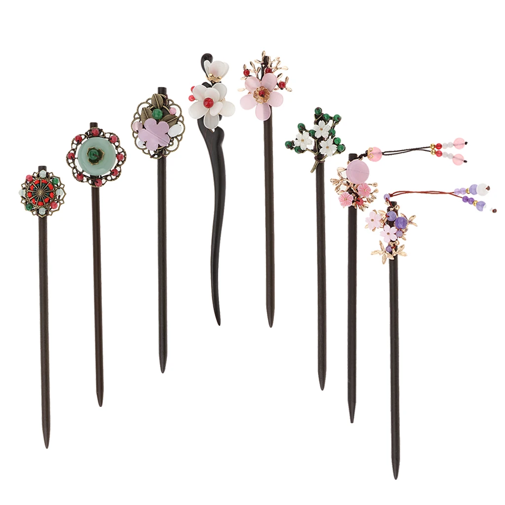 Chinese Vintage Ebony Wooden Tassel Chopsticks Hair Stick Hairpin