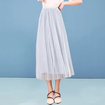

High Waist Long Pleated Skirt Women Summer Black Tulle Ladies Long Skirts 2019 Pink Pleated Mesh Skirt For Women Summer Skirts