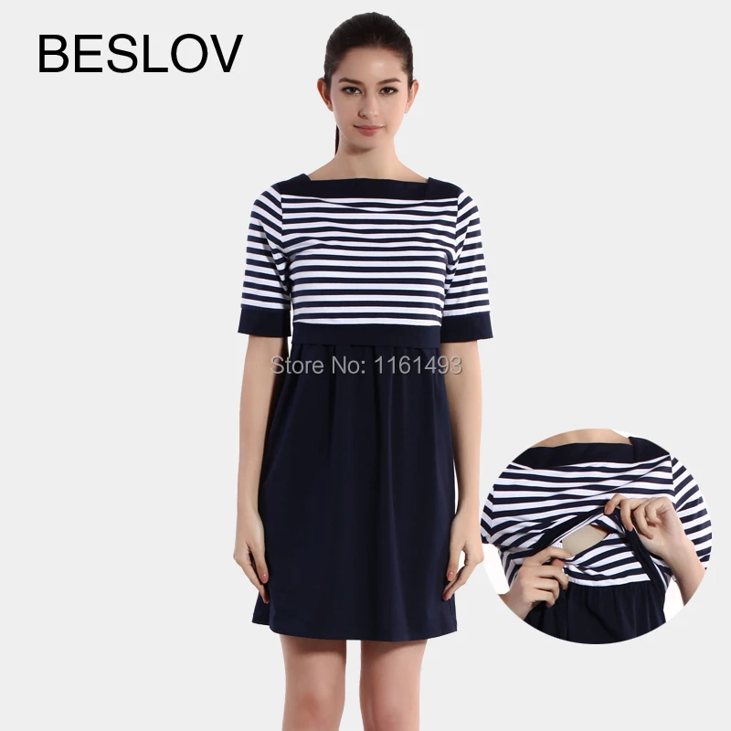 

Newest Maternity Dresses Cotton Breastfeeding  Nursing Dresses For Pregnant Women Dark Navy