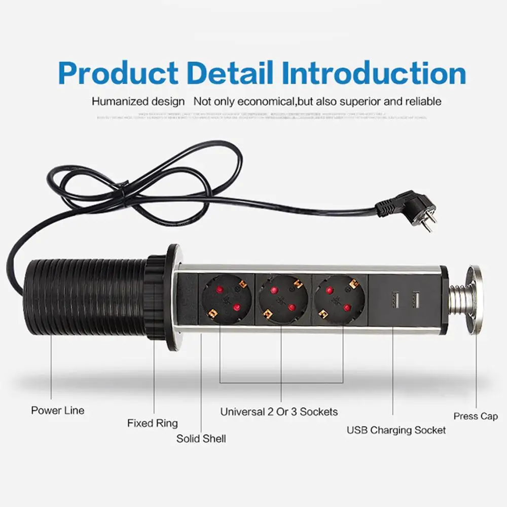 

250V Home Pull USB Pop Up Socket Electrical Tensile Power Outlet Plug Worktop Desk Tools Accessory EU Plug