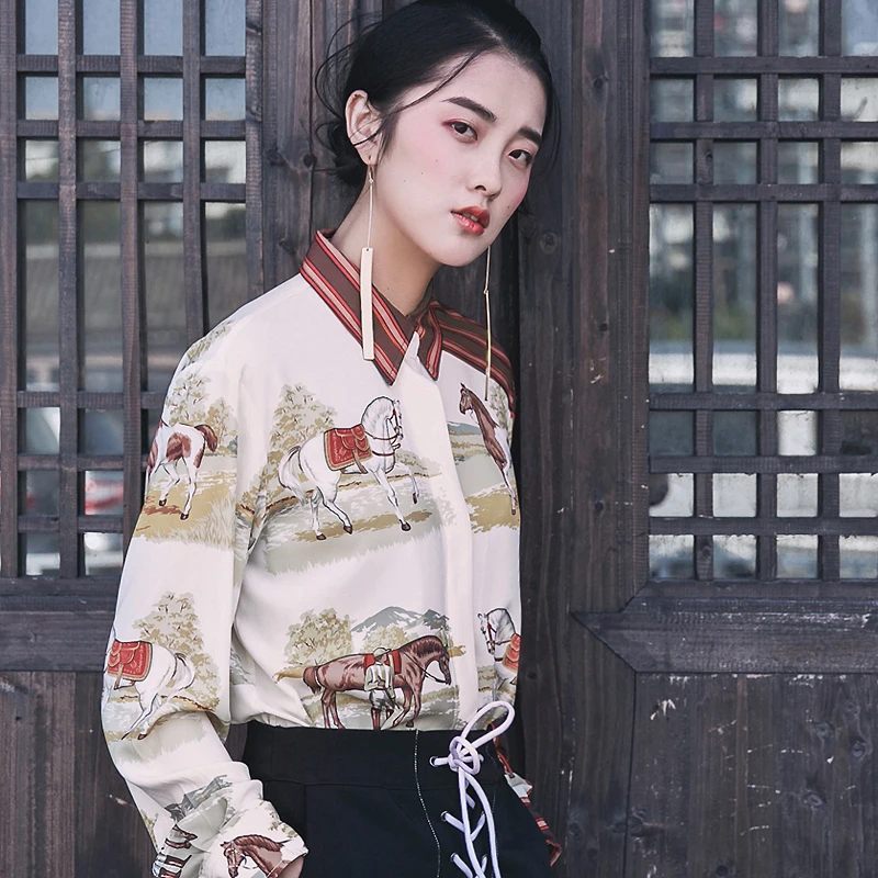 

LYNETTE'S CHINOISERIE Spring Autumn Original Design Women Print Chiffon Shirts