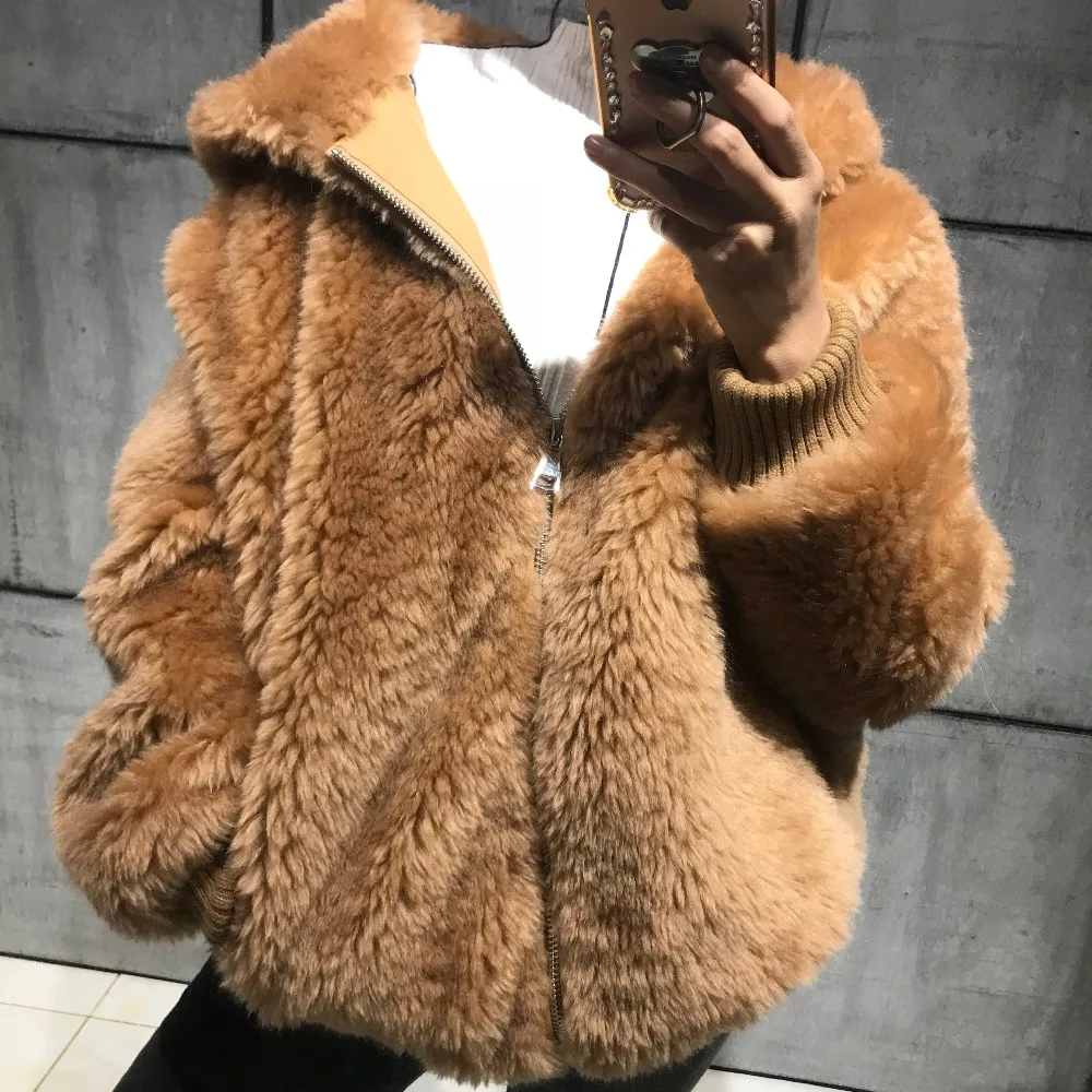 Buy women Australia wool fur jacket hooded lady wool