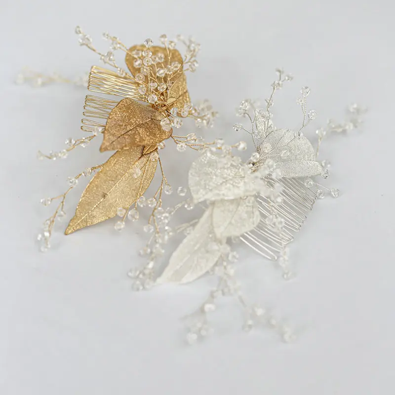 

Gold Bridal Hair Comb Hollow Leaf Hair Accessories Crystal Wedding headpiece Gift