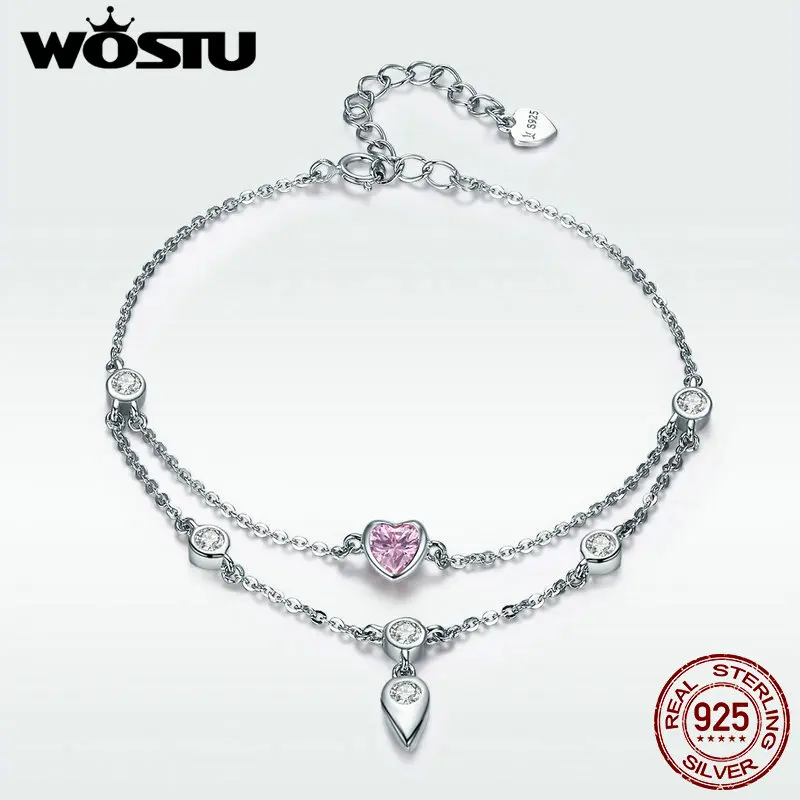 

WOSTU Real 925 Sterling Silver Sweet Heart Chain Link Adjustable Women Bracelet Elegant Silver Wedding Fashion Jewelry DXB090