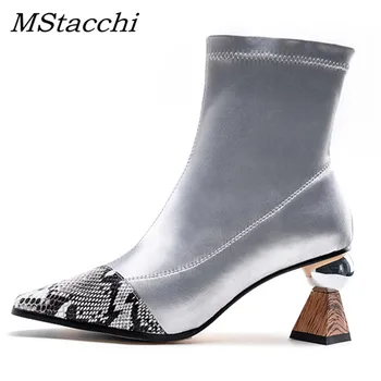 

MStacchi Woman Autumn Sexy Pointed Toe Snake Skin Boots Mujer High Quality Slip-On Botines Strange Style High Heels Sock Shoes