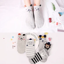 5Pairs Spring New Arrivl Women Cotton Socks Gray Gray striped Cartoon Lion Cute Ankle Socks Casual Animal Ear Gril Socks 35-40
