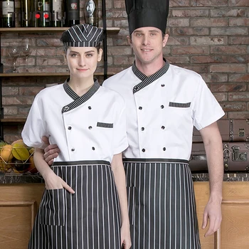 

Chef Jacket Restaurant Uniform Short Sleeve Striped Collar Chef Shirt Kitchen Cooking Bakery Sushi Cafe Work Coat Men Women