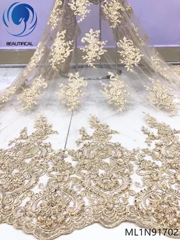 

BEAUTIFICAL nigerian lace fabrics 2019 New desgin Handmade beaded embroidery lace fabric 5yards net lace fabrics ML1N917