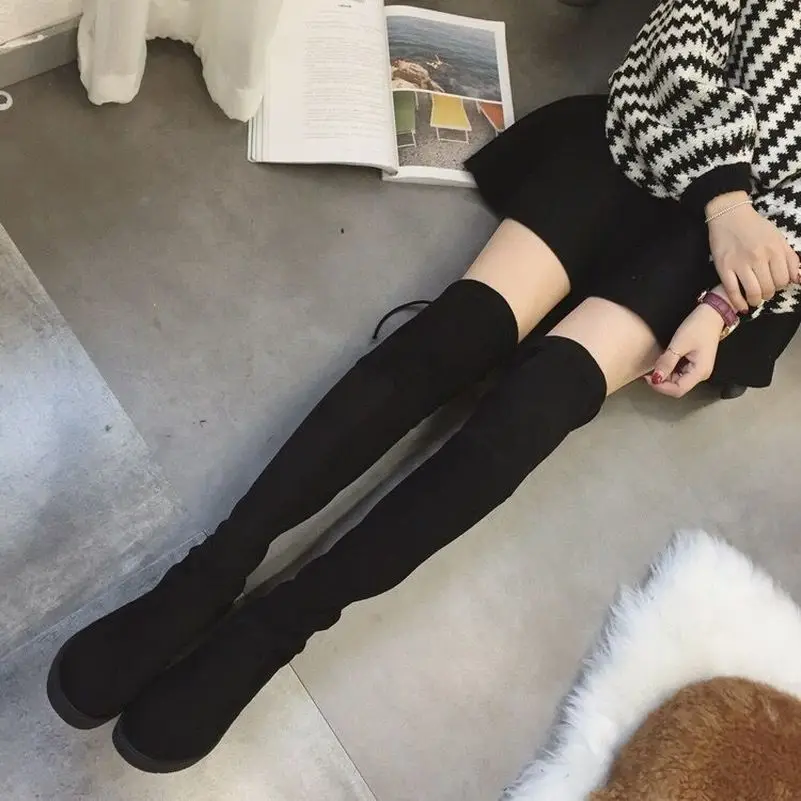 

Women Over The Knee Boots Winter 2018 Fur Female Long Martin Boots New Tall Flat Bottomed Flat and Elastic Snow Boots