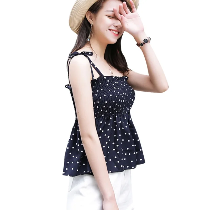 Fashion Dot Print Tank Top Women Sleeveless Vest Summer Camisole Female Tops - Цвет: Тёмно-синий