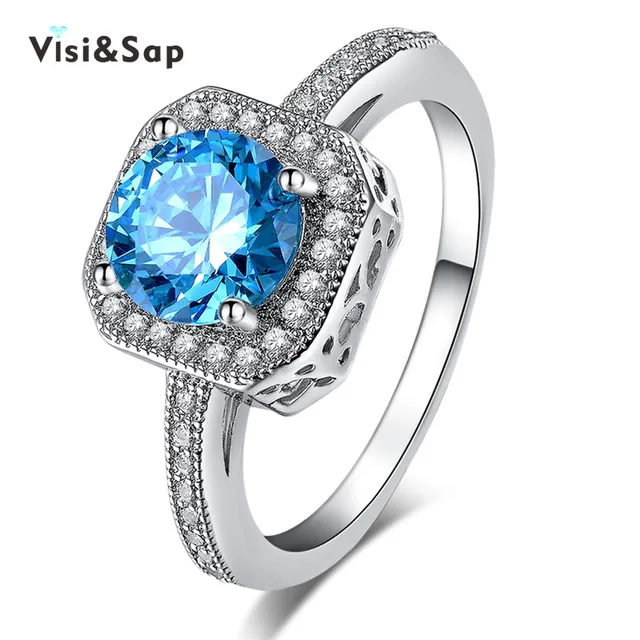 Visisap Oro Blanco anillo de color azul Océano joyería de