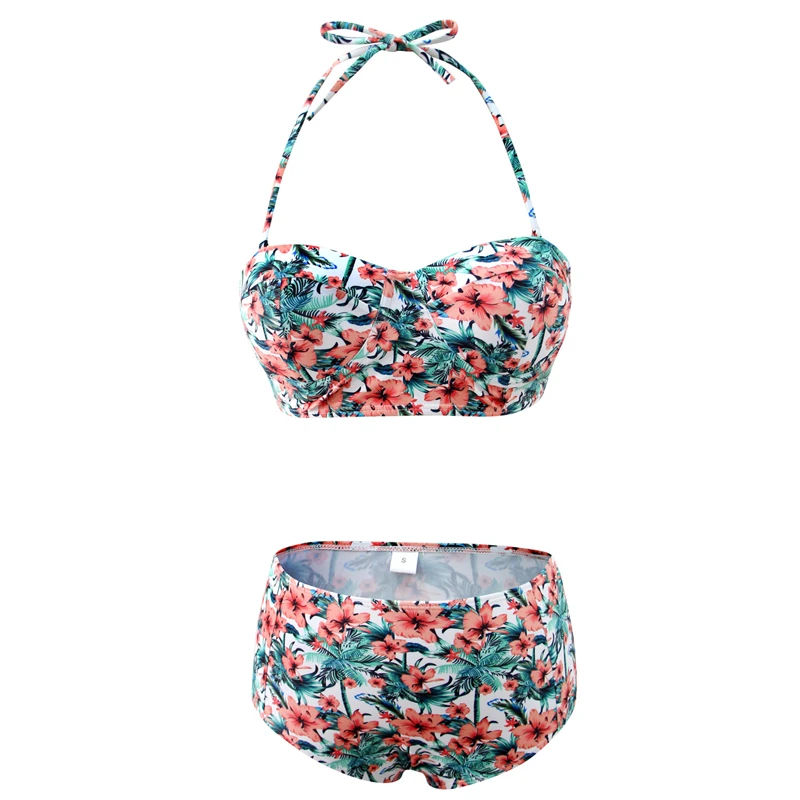 12 Watercolor Print Bikini 2019 Strap Backless Bandeau Swimsuit Push Up Soild Bustier Front Knotted Plunge Bikini Set Bather Suit Tankini 