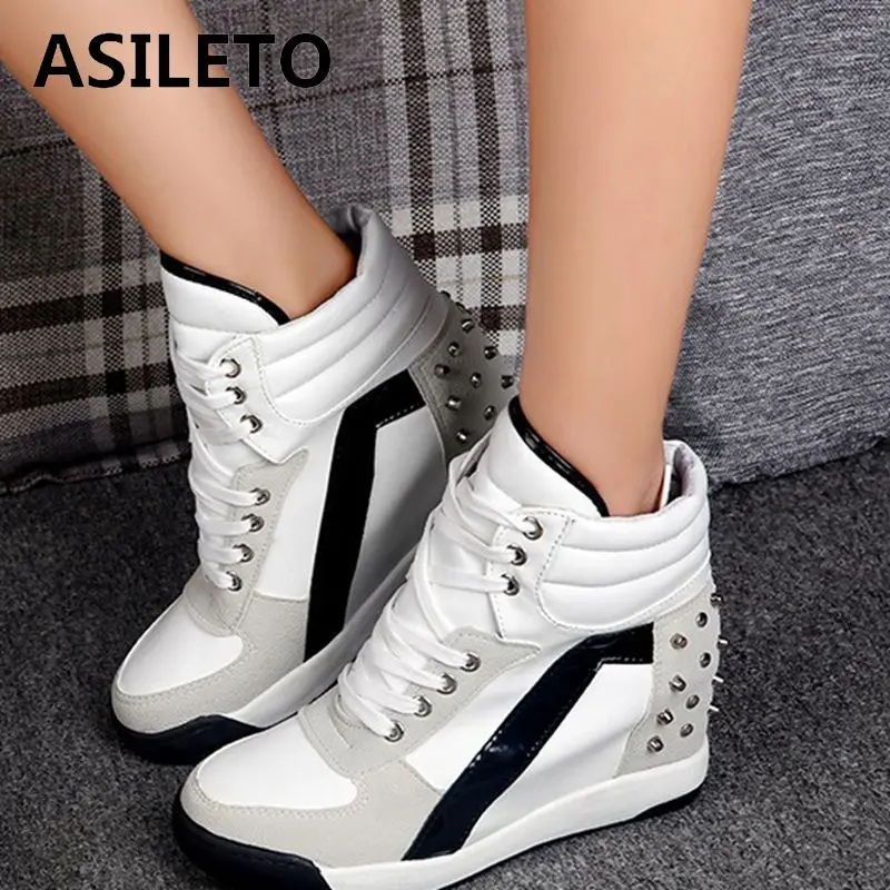 

ASILETO New Arrive Lady High Heels Shoes Fashion Women Sneakers Comfort Rivet Hidden Wedge Heel High Top T349
