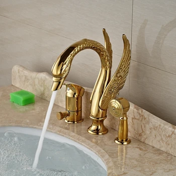 

Wholesale And Retail Promotion Luxury Golden Brass Bathroom Swan Faucet Diverter W/ Hand Sprayer Mixer Tap