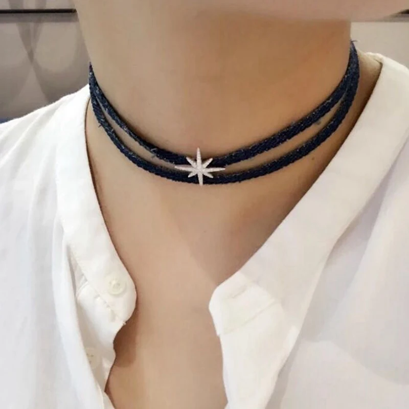 

YP1589 Hot 925 Sterling Silver Jeans Starlight Shape Collar Choker Punk Blue Denim Choker Necklace Cowboy Rope Collar Women Gift