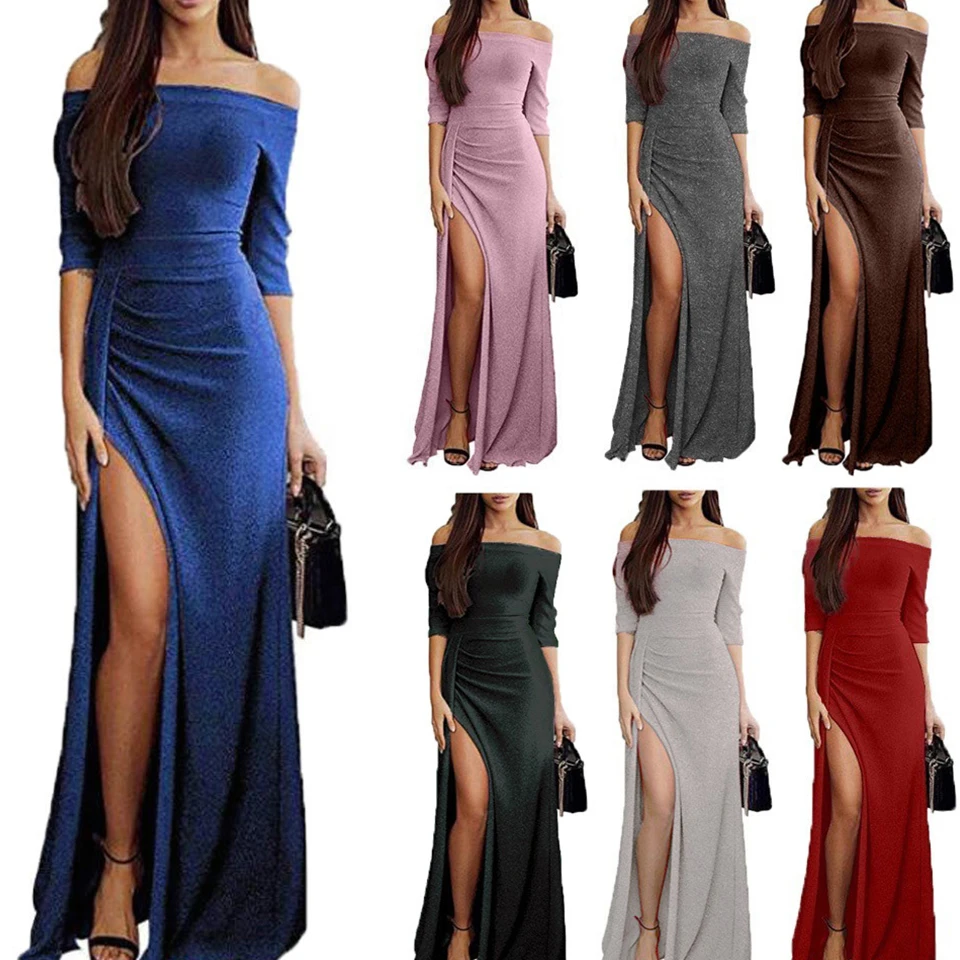 shiny off shoulder ruched thigh slit party dress