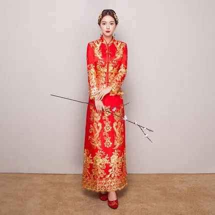 Высокое качество красное китайское свадебное платье женское Cheongsam Золотое