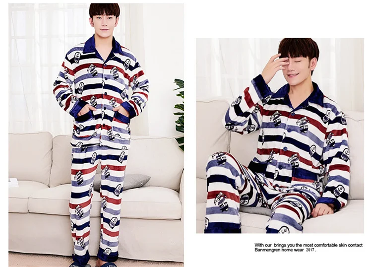 Pajamas Mens Flannel Pajama Suits Winter Autumn Sleeping Clothes Two Piece Nights Men Night Wear Clothing Thick Corduory 2018 New JW284 (19)