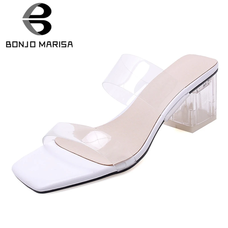 

BONJOMARISA 2020 New Sexy Transparent Women Summer Mules Large Size 32-43 High Chunky Heels Women slip-on Slippers Shoes Woman