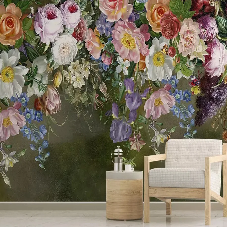 Custom 3d mural Large mural hand-painted floral wallpaper bedroom TV backdrop wallpaper American retro dark wall paper mural Custom 3d mural Large mural hand-painted floral wallpaper bedroom TV backdrop wallpaper American retro dark wall paper mural