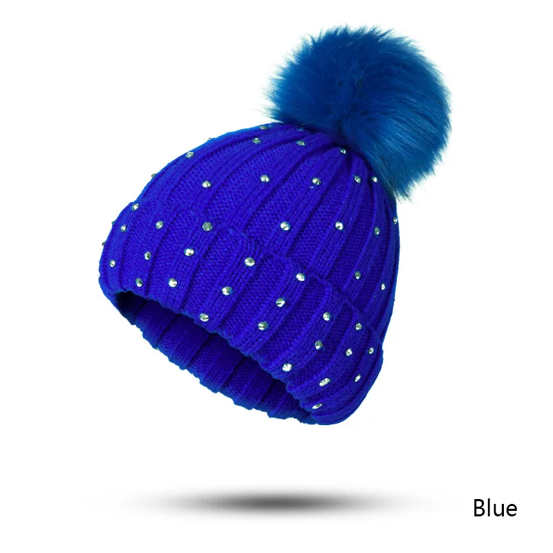REAKIDS/Новинка года; детская теплая зимняя Лыжная шапка «кроше» для маленьких мальчиков и девочек; вязаная шапочка; хлопковая шапка с помпоном; модная детская шапка - Цвет: Blue