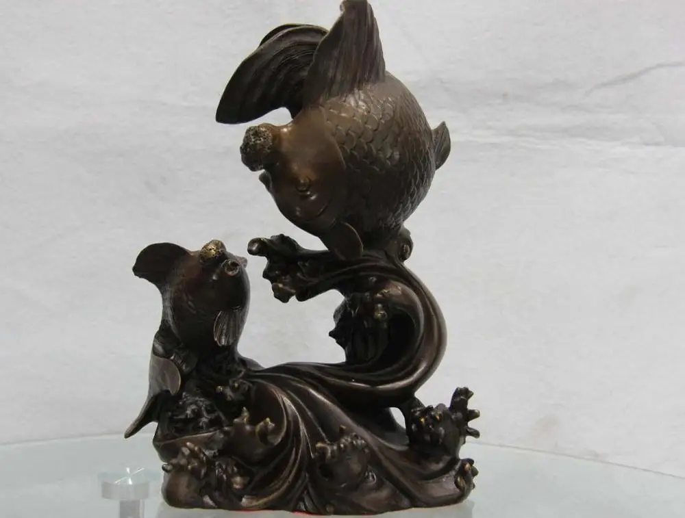 

Pure Copper Bronze China Home FengShui Wealth Two Gold Fish Carp Dace Play Water
