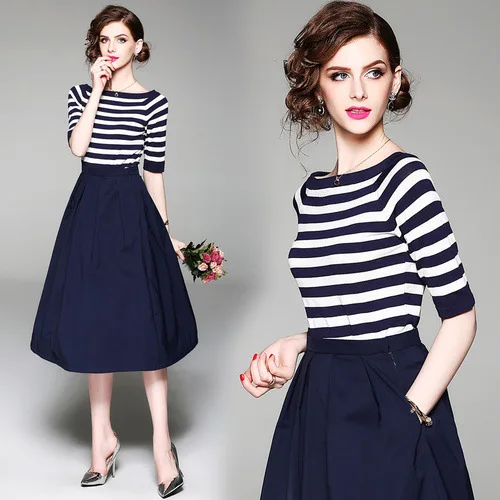 

Spring 2019 Women Two Piece Suit Set Female Dress Striped Slash Neck Half Sleeve Sweater Office Lady Tops Navy Blue Skirt S-XXXL