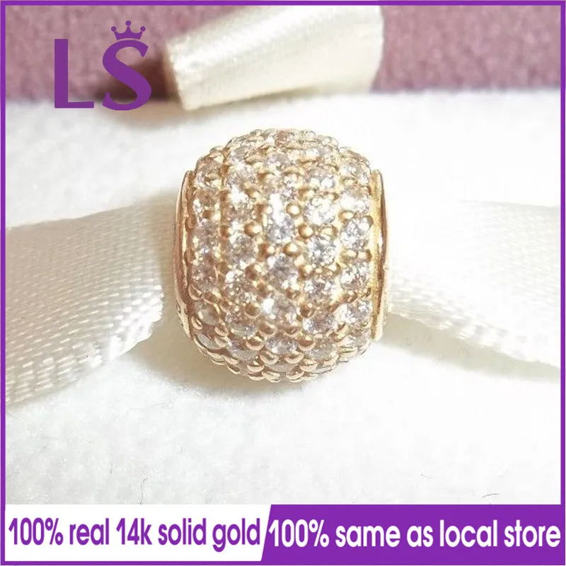 

LS Best Quality 100% 1.4.k Real G.old Pave Ball Charm Fit Original Bracelets Pulseira Charm Berloque.100%Original Fine Jewelry N