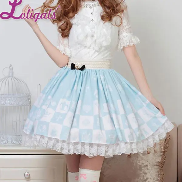 

Light Sky Blue Sweet Checkered Elastic Wast Lolita Skirt For Lady with Crowned Bow Free Shipping