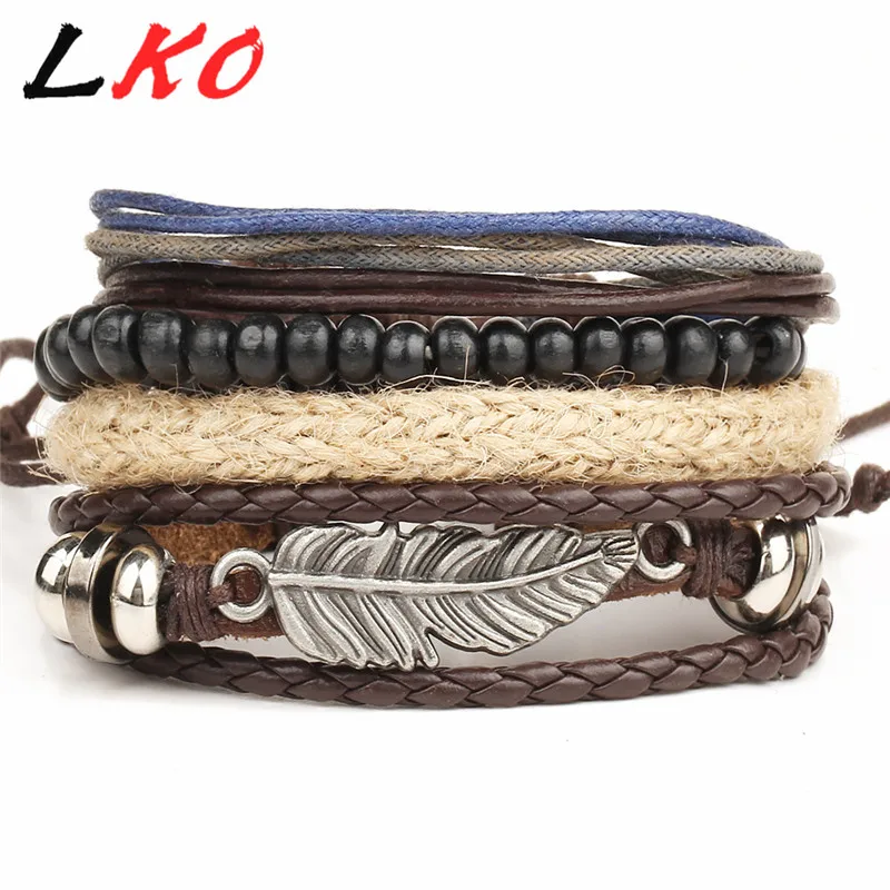 HOT 4pcs 1 Set Punk Genuine Wrap Feather Leather Bracelets Men For Women Cuff  Vintage Jewelry Accessories Wholesale