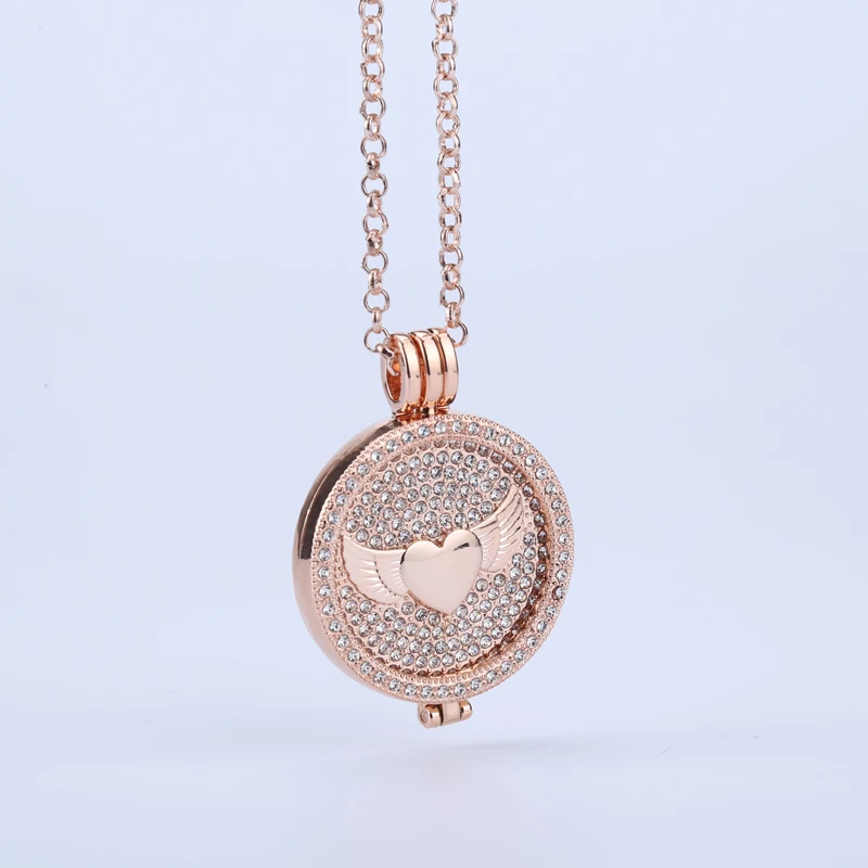 new rose gold angel wings 35mm coin holder frame necklace pendant floral crystal 