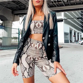 

2 PCs Fashion Women Sexy Snakeskin Printed Skinny Strapless Crop Tube Top+Short Pants Slim Two Pieces Sets Outfit High Street
