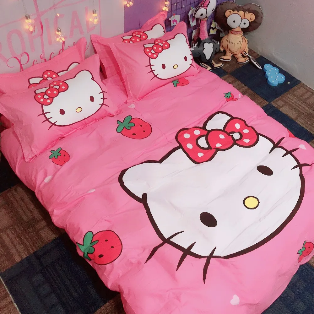 Набор постельного белья из хлопка с рисунком hello kitty, пододеяльник, простыня, наволочка, мягкий, розовый, белый, клубника, король, королева, размер, Комплект постельного белья