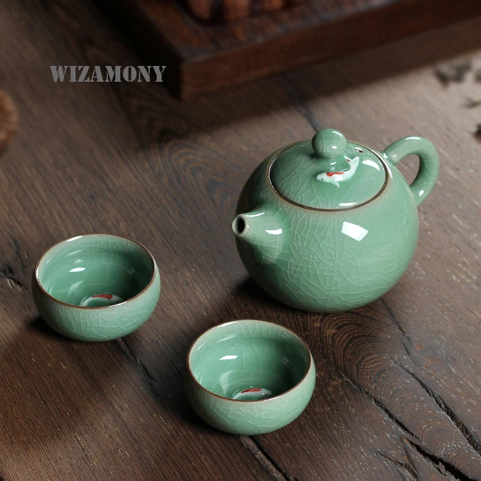 

3 Piece Set Top Grade Chinese Longquan Celadon Di Kiln Handcrafted with Gold FishChinese Porcelain Kungfu Tea Set High Quality