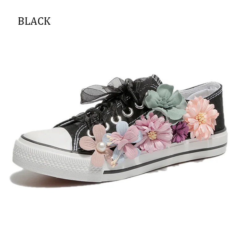 Белые и черные кроссовки; женские повседневные удобные кроссовки на плоской подошве; женская парусиновая обувь на платформе; кроссовки с цветами; zapatos de mujer - Цвет: Black