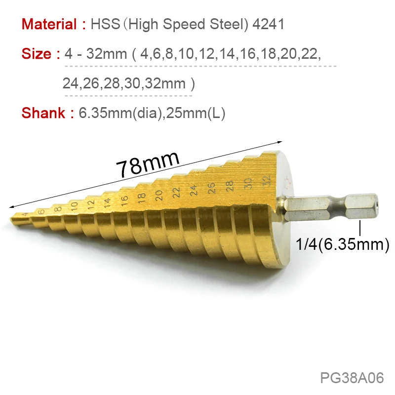 7 размеров Титан Шаг сверло набор с автоматическим центр круглый удар, Скорость Сталь 4241 шестиугольная Handle1/" Лестница сверла - Цвет: 1 PCS 4-32mm