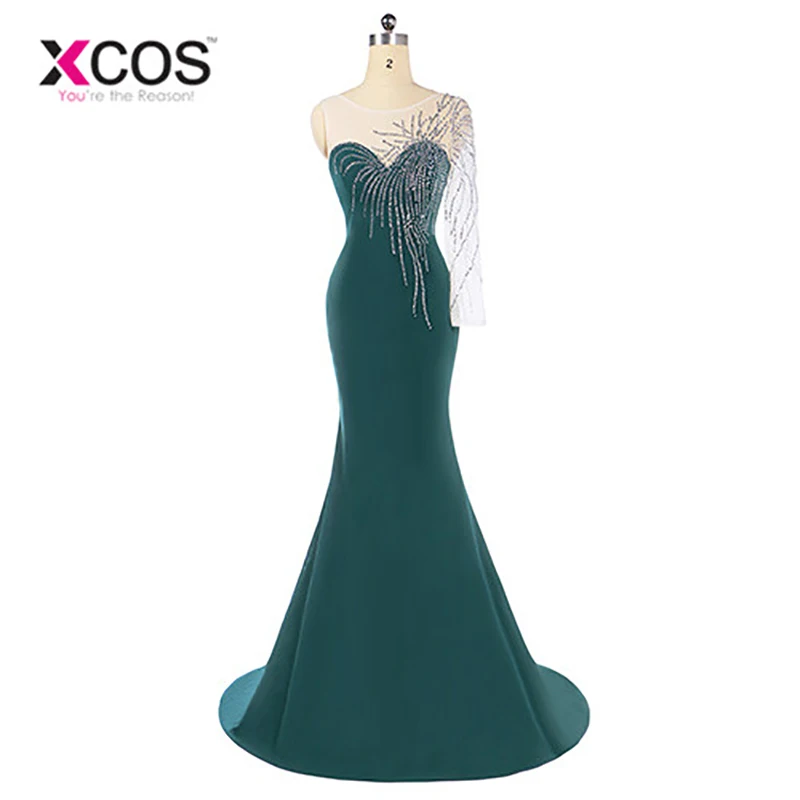 Robe De Soiree длинное зеленое вечернее платье с русалочкой вечерние элегантные платья на одно плечо с длинными рукавами