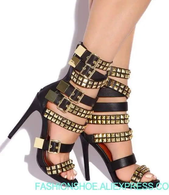 

2018 Summer Hot Women Gladiator Sandals Gold Rivet Leather Straps Sexy Open Toe Ladies Fashion High Heels Party Stiletto Size 42