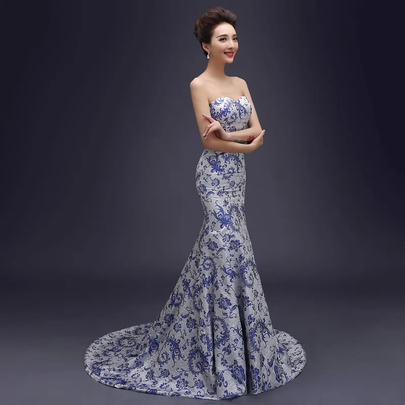 Women's Royal Blue Trailing Strapless Qipao Evening Dress Chinese Traditional  Brocade Long Mermaid Plus Size 3XL  (22)
