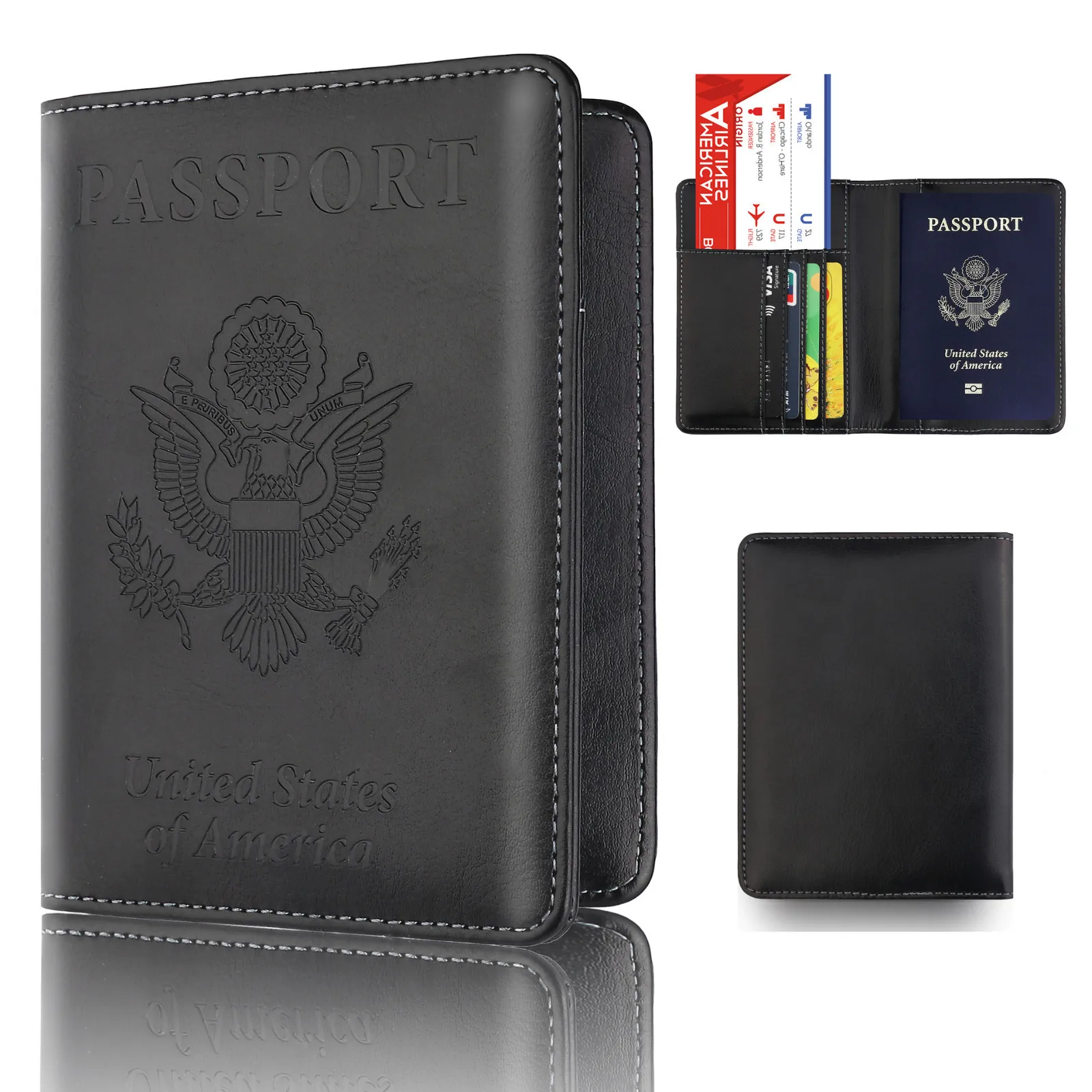 Black Leather Passport Holder Wallet Cover Case RFID Blocking Travel Wallet