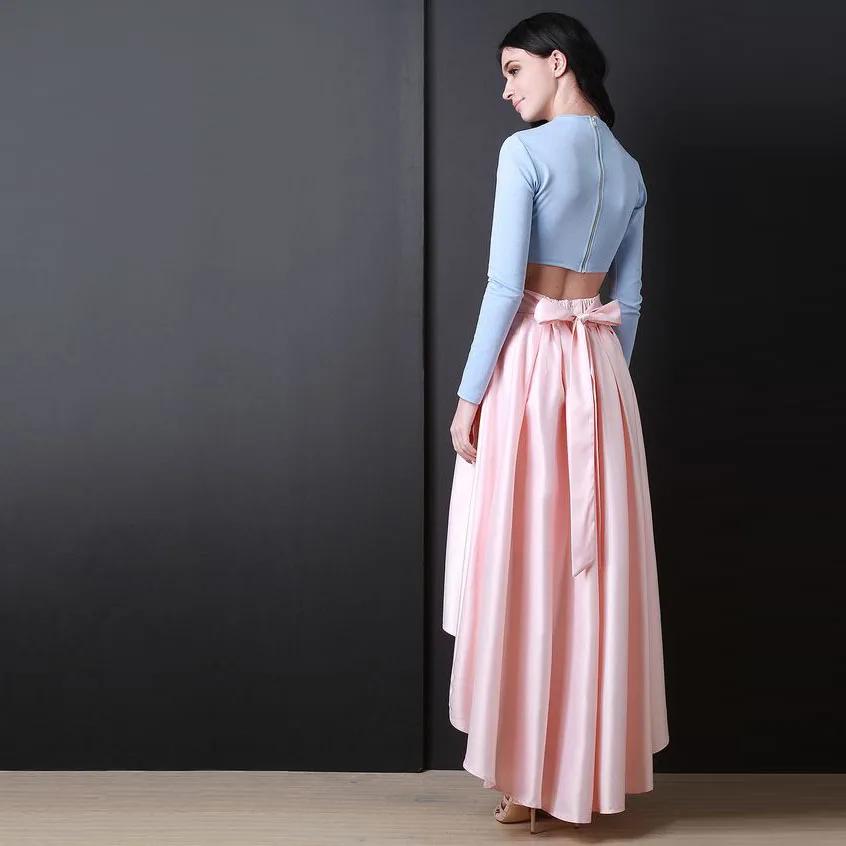 Ярко-розовая высокая низкая юбка эластичной талии с лентами длиной до пола Асимметричная юбка персонализированные плиссированные юбки женские