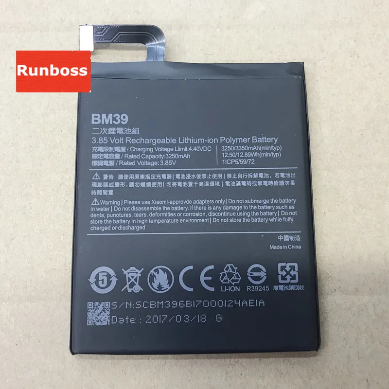

Original Quality Battery Runboss BM39 for Mi 6 Xiaomi MI6 3350mAh Batteria