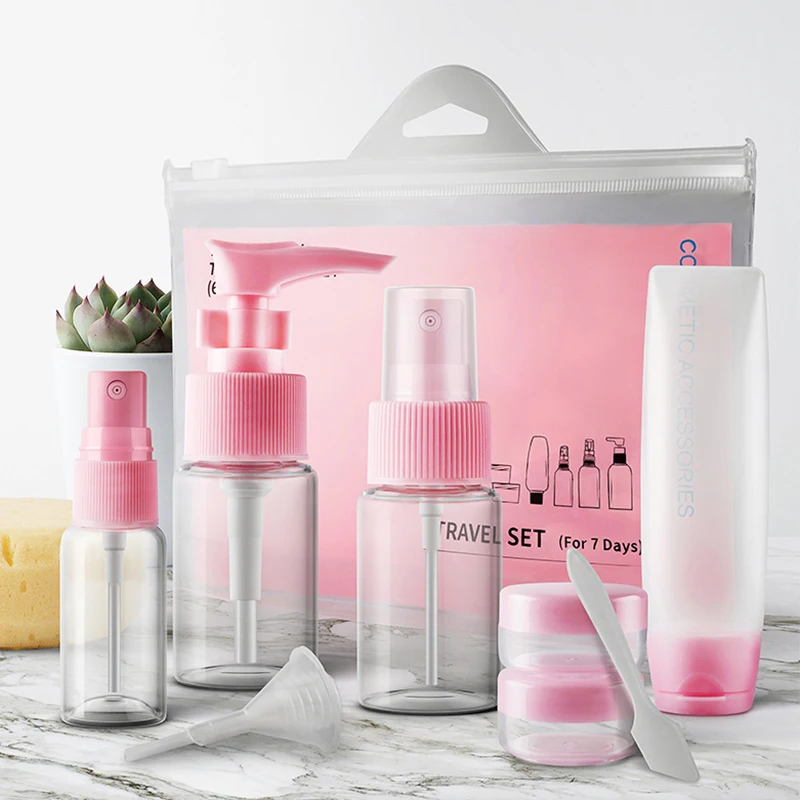

9pcs/set Portable Travel Mini Cosmetic Bottles Points Bottling Plastic Transparent Rotary Spray Bottle Pot Cream Box Makeup