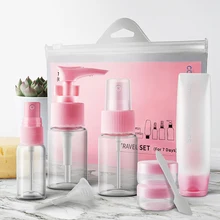 9pcs/set Portable Travel Mini Cosmetic Bottles Points Bottling Plastic Transparent Rotary Spray Bottle Pot Cream Box Makeup