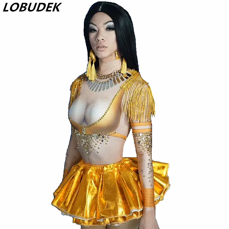 Sexy Nachtclub Danser Team Mini Jurk Oranje Kristallen Pailletten Korte Jurk Bar Club DJ Zanger Stadium Slijtage Elastische Een Stuk jurk