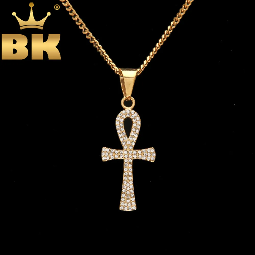 Подвески Ключ жизнь крест кулон & Gold Cuban Chain полный Iced Out Стразы Нержавеющая сталь хип-хоп ювелирные изделия из Египта