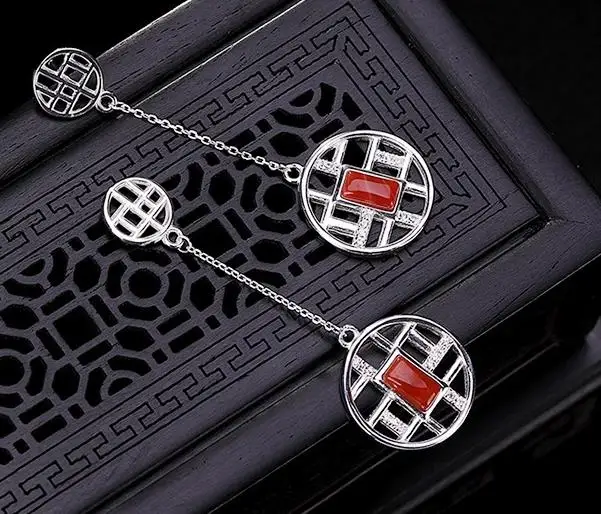 

Sterling S925 925 silver Drop Dangle Earrings Hollowing out Natural stone trendy for woman earring 48MM