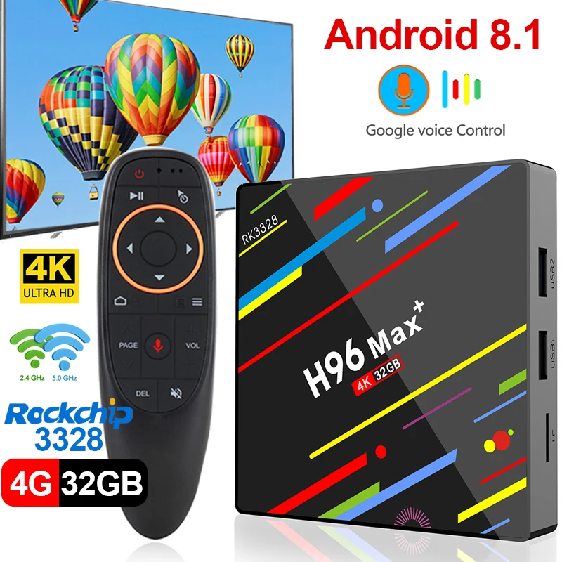H96 MAX PLUS TV caja Android 8 1 Google Control de voz 4 ГБ 32 64 Гб четырехъядерный процессор RK3328 K H.265 WiFi 2 4g +